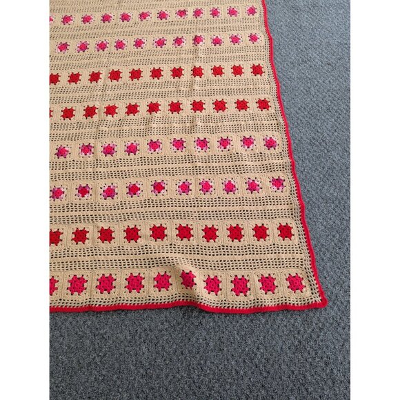 Hand Made Crochet Knit Afghan Throw Lap Blanket 64" x 60" Tan Pink Red - Picture 2 of 6